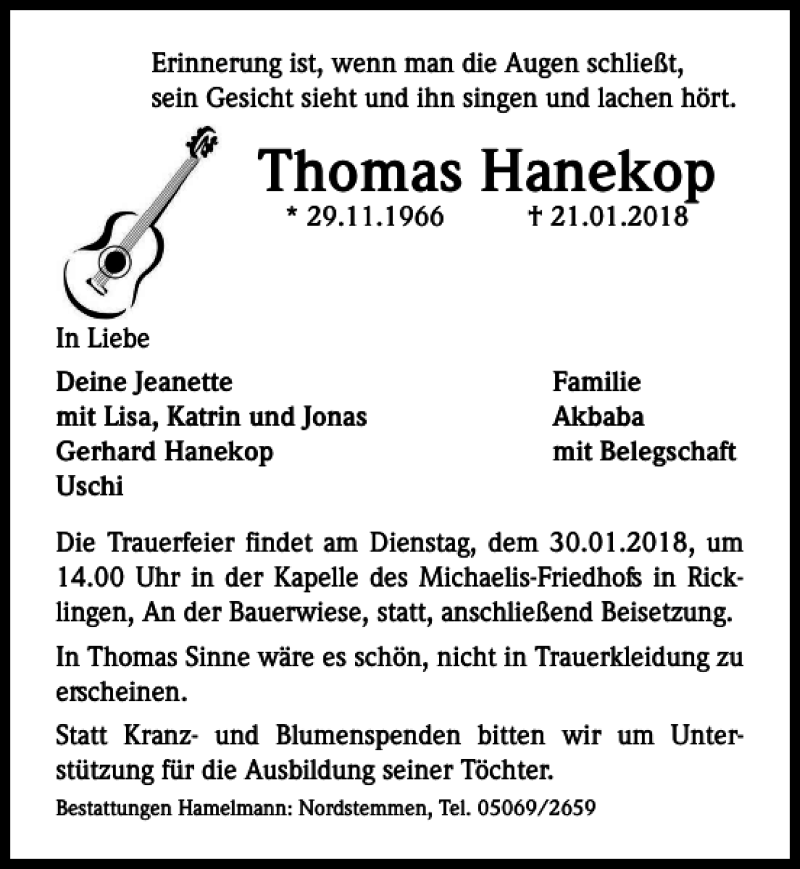  Traueranzeige für Thomas Hanekop vom 27.01.2018 aus HAZ/NP