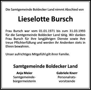Traueranzeige von Trauernachruf Bursch von Aller Zeitung / Wolfsburger Allgemeine