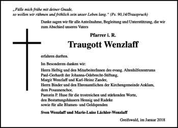 Traueranzeige von Traugott Wenzlaff von Ostsee-Zeitung