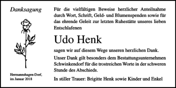 Traueranzeige von Udo Henk von Ostsee-Zeitung