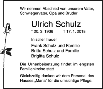 Traueranzeige von Ulrich Schulz von Ostsee-Zeitung