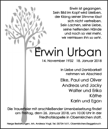 Traueranzeige von Urban Erwin von Schaumburger Nachrichten