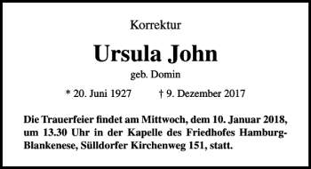 Traueranzeige von Ursula John von Lübecker Nachrichten