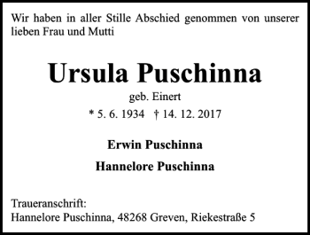 Traueranzeige von Ursula Puschinna von Kieler Nachrichten / Segeberger Zeitung