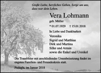 Traueranzeige von Vera Lohmann von Ostsee-Zeitung