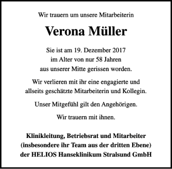 Traueranzeige von Verona Müller von Ostsee-Zeitung