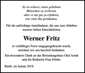 Traueranzeige von Werner Fritz von Ostsee-Zeitung