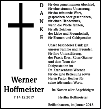 Traueranzeige von Werner Hoffmeister von Göttinger Tageblatt