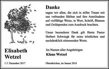 Traueranzeige von Wetzel Elisabeth von Schaumburger Nachrichten