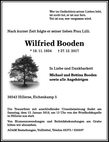 Traueranzeige von Wilfried Booden von Aller Zeitung / Wolfsburger Allgemeine
