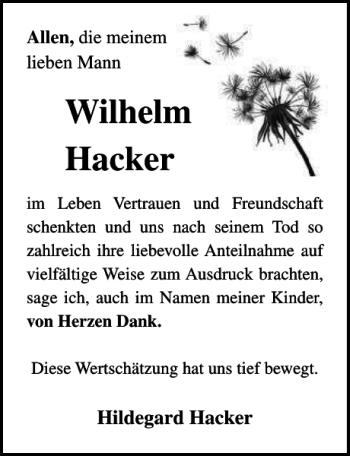 Traueranzeige von Wilhelm Hacker von Ostsee-Zeitung