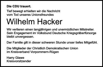 Traueranzeige von Wilhelm Hacker von Ostsee-Zeitung