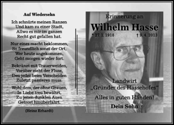 Traueranzeige von Wilhelm Hasse von Aller Zeitung / Wolfsburger Allgemeine