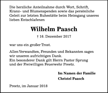 Traueranzeige von Wilhelm Paasch von Kieler Nachrichten / Segeberger Zeitung