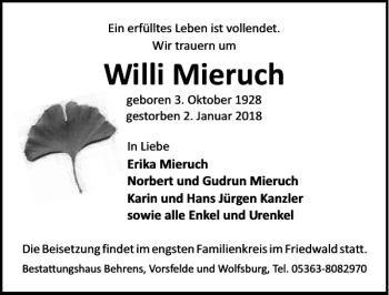 Traueranzeige von Willi Mieruch von Aller Zeitung / Wolfsburger Allgemeine