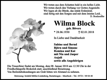 Traueranzeige von Wilma Block von Schaumburger Nachrichten