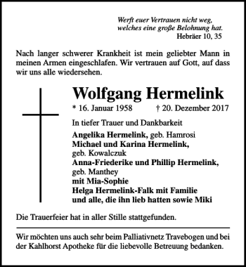 Traueranzeige von Wolfgang Hermelink von Lübecker Nachrichten