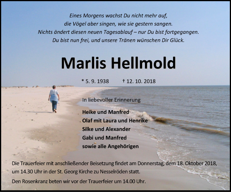  Traueranzeige für Marlis Hellmold vom 16.10.2018 aus Eichsfelder Tageblatt