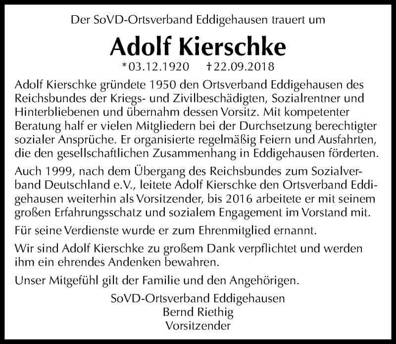  Traueranzeige für Adolf Kierschke vom 05.10.2018 aus Göttinger Tageblatt