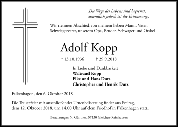 Traueranzeige von Adolf Kopp von Göttinger Tageblatt