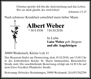 Traueranzeige von Albert Weber von Hannoversche Allgemeine Zeitung/Neue Presse