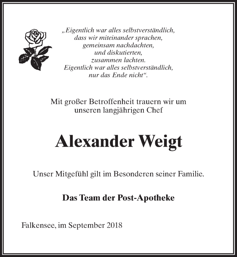  Traueranzeige für Alexander Weigt vom 29.09.2018 aus Märkischen Allgemeine Zeitung