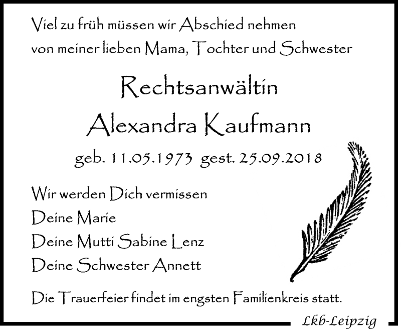  Traueranzeige für Alexandra Kaufmann vom 20.10.2018 aus Leipziger Volkszeitung