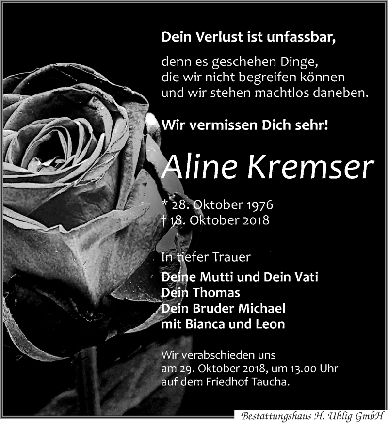  Traueranzeige für Aline Kremser vom 27.10.2018 aus Leipziger Volkszeitung