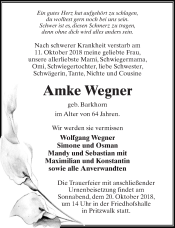 Traueranzeige von Amke Wegner von Märkischen Allgemeine Zeitung