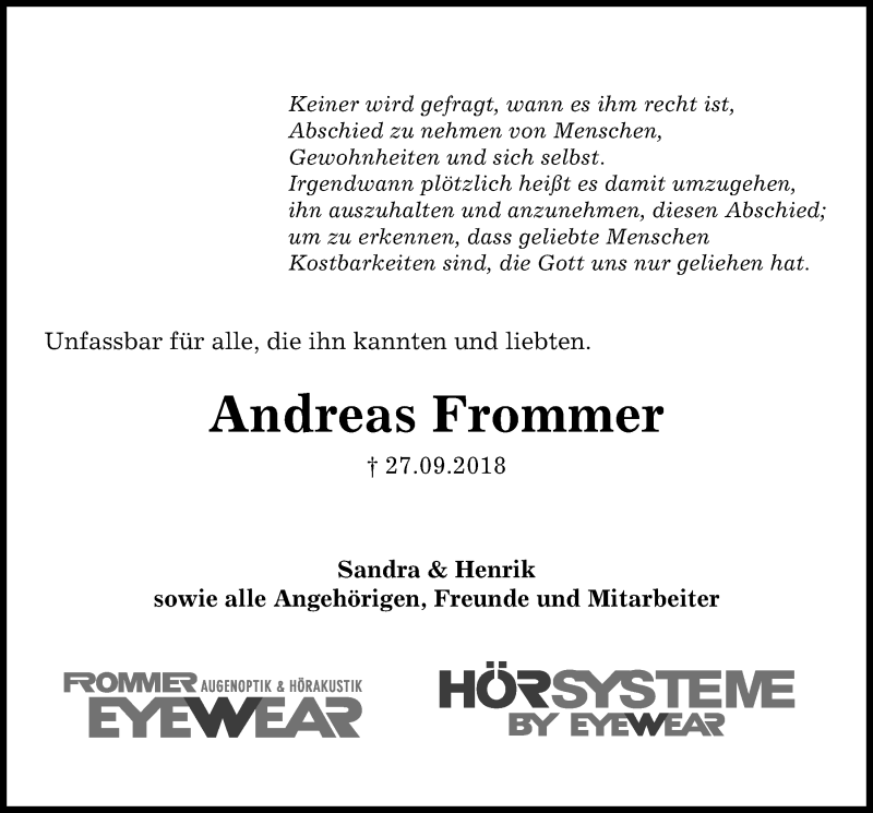  Traueranzeige für Andreas Frommer vom 04.10.2018 aus Kieler Nachrichten