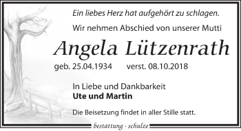 Traueranzeige von Angela Lützenrath von Leipziger Volkszeitung