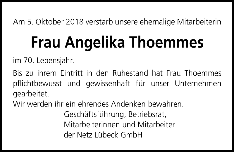  Traueranzeige für Angelika Thoemmes vom 14.10.2018 aus Lübecker Nachrichten