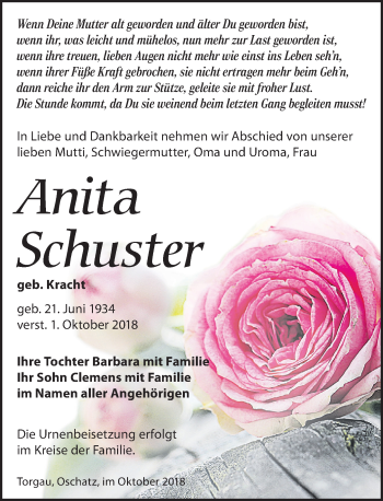 Traueranzeige von Anita Schuster von Dresdner Neue Nachrichten