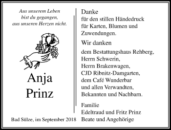 Traueranzeige von Anja Prinz von Ostsee-Zeitung GmbH
