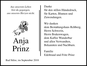 Traueranzeige von Anja Prinz von Ostsee-Zeitung GmbH