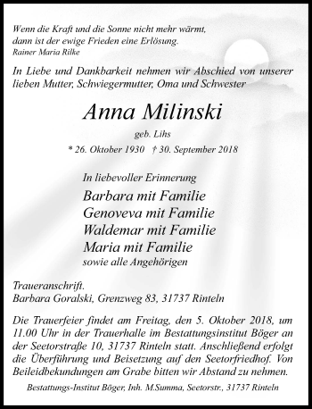 Traueranzeige von Anna Milinski von Schaumburger Nachrichten