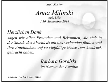 Traueranzeige von Anna Milinski von Schaumburger Nachrichten