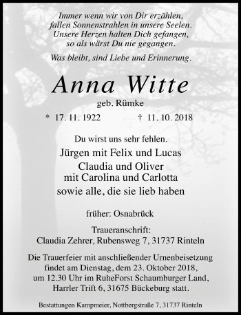 Traueranzeige von Anna Witte von Schaumburger Nachrichten