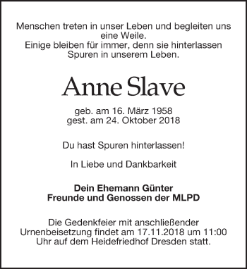 Traueranzeige von Anne Slave von Dresdner Neue Nachrichten