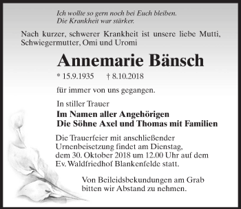 Traueranzeige von Annemarie Bänsch von Märkischen Allgemeine Zeitung