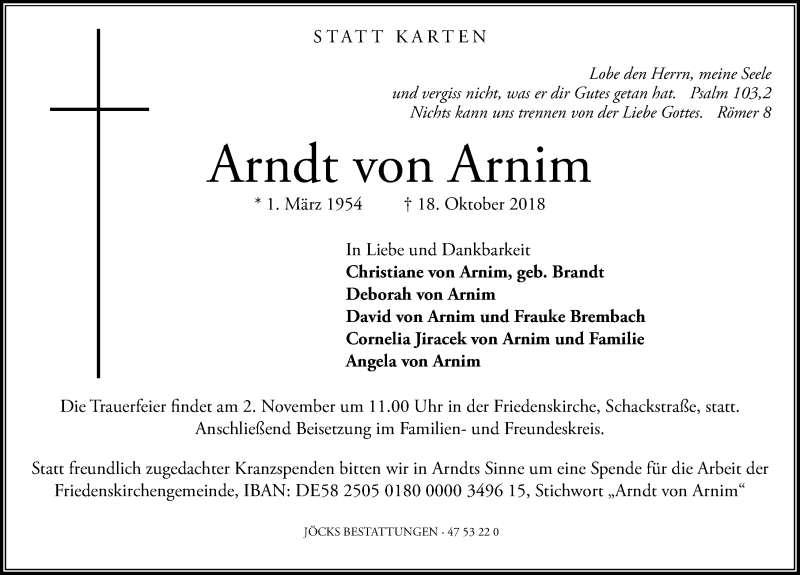  Traueranzeige für Arndt von Arnim vom 27.10.2018 aus Hannoversche Allgemeine Zeitung/Neue Presse