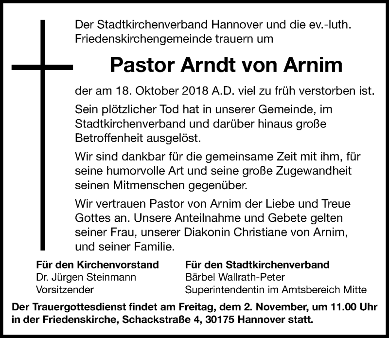  Traueranzeige für Arndt von Arnim vom 27.10.2018 aus Hannoversche Allgemeine Zeitung/Neue Presse