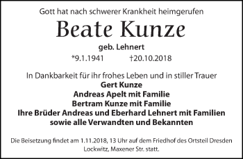 Traueranzeige von Beate Kunze von Dresdner Neue Nachrichten