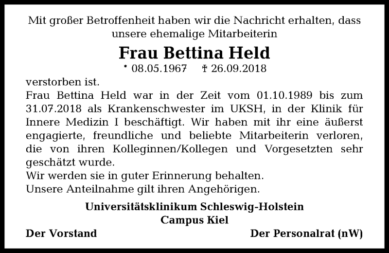 Traueranzeige für Bettina Held vom 06.10.2018 aus Kieler Nachrichten