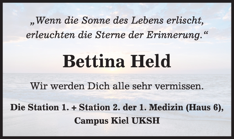  Traueranzeige für Bettina Held vom 13.10.2018 aus Kieler Nachrichten