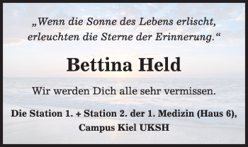 Traueranzeige von Bettina Held von Kieler Nachrichten