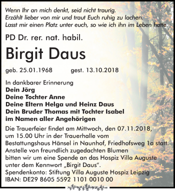 Traueranzeige von Birgit Daus von Leipziger Volkszeitung