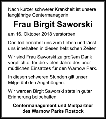 Traueranzeige von Birgit Saworski von Ostsee-Zeitung GmbH