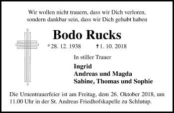 Traueranzeige von Bodo Rucks von Lübecker Nachrichten