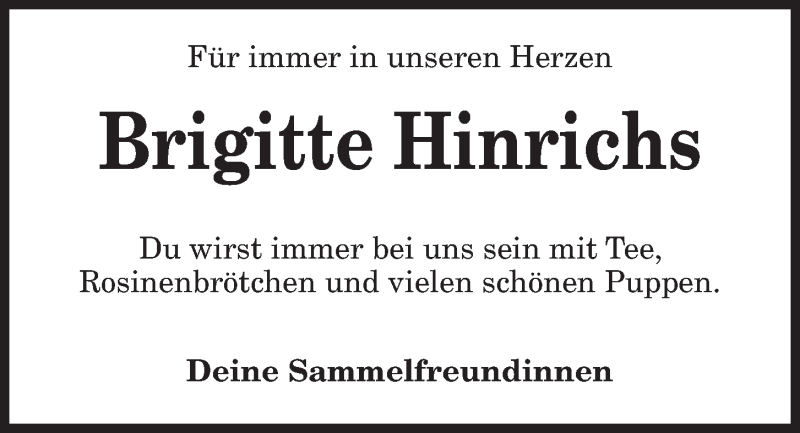  Traueranzeige für Brigitte Hinrichs vom 13.10.2018 aus Kieler Nachrichten